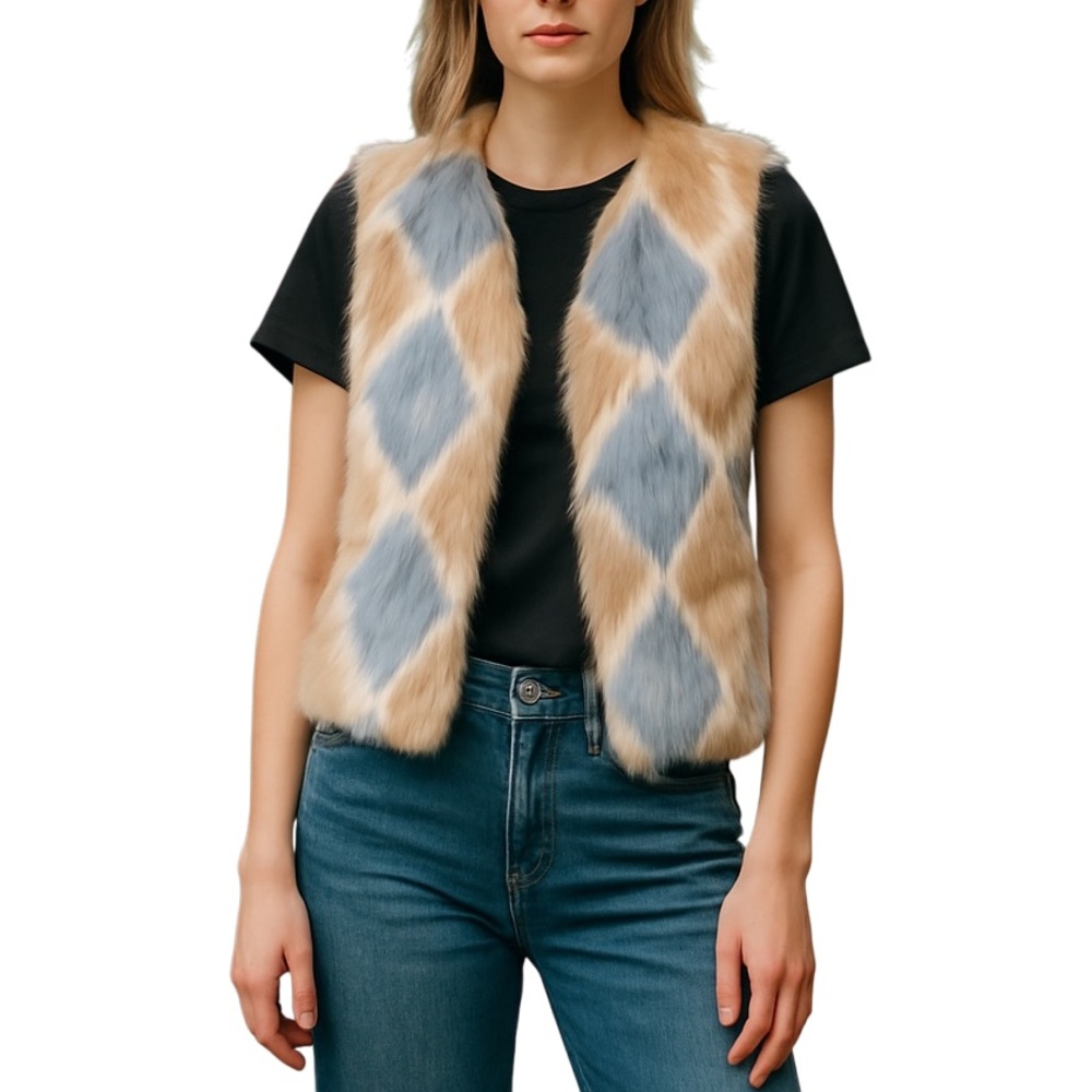 NWT Hayden LA Faux Fur Argyle Boho Open Front 70’s Style Vest, Small